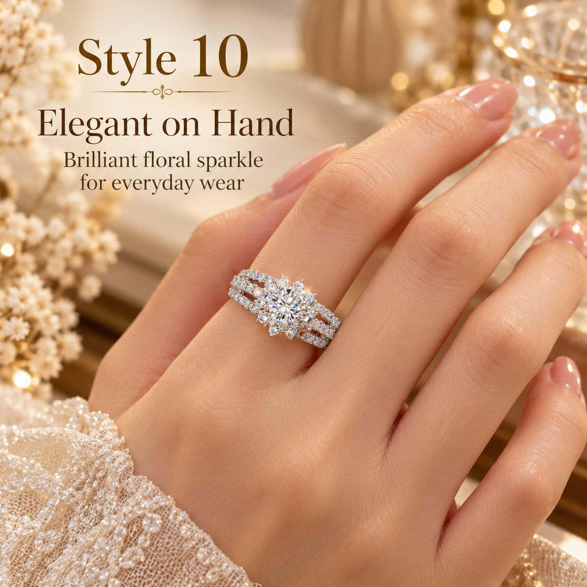 ✨ Style 10 – Women's Elegant Silver-Tone Round Crystal Flower Ring 💍 Sparkling Floral Cluster Halo Ring 💎 Triple Row Pavé Band Statement Jewelry 💖 Luxury Fashion Ring 🎁 Perfect Gift for Her