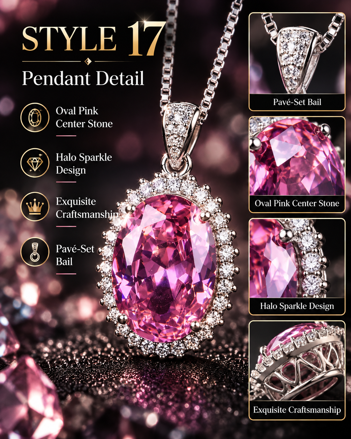 💗 Elegant Pink Oval Halo Pendant Necklace – Style 17