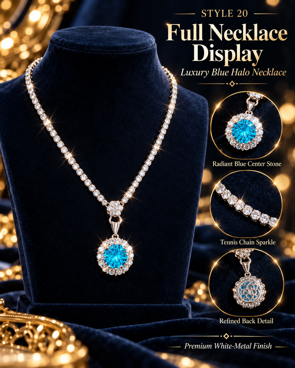 💙 Elegant Ocean Blue Floral Halo Pendant Necklace – Style 20