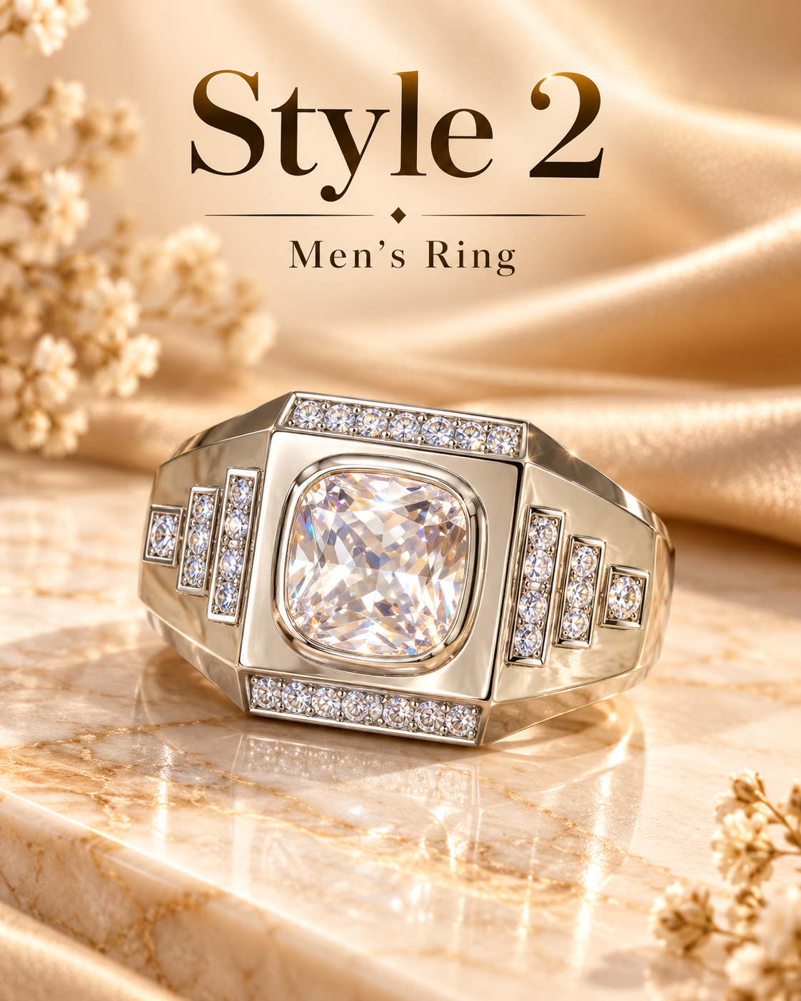 Men’s Gold Signet Ring, Bold Cushion Cut Statement Ring for Him