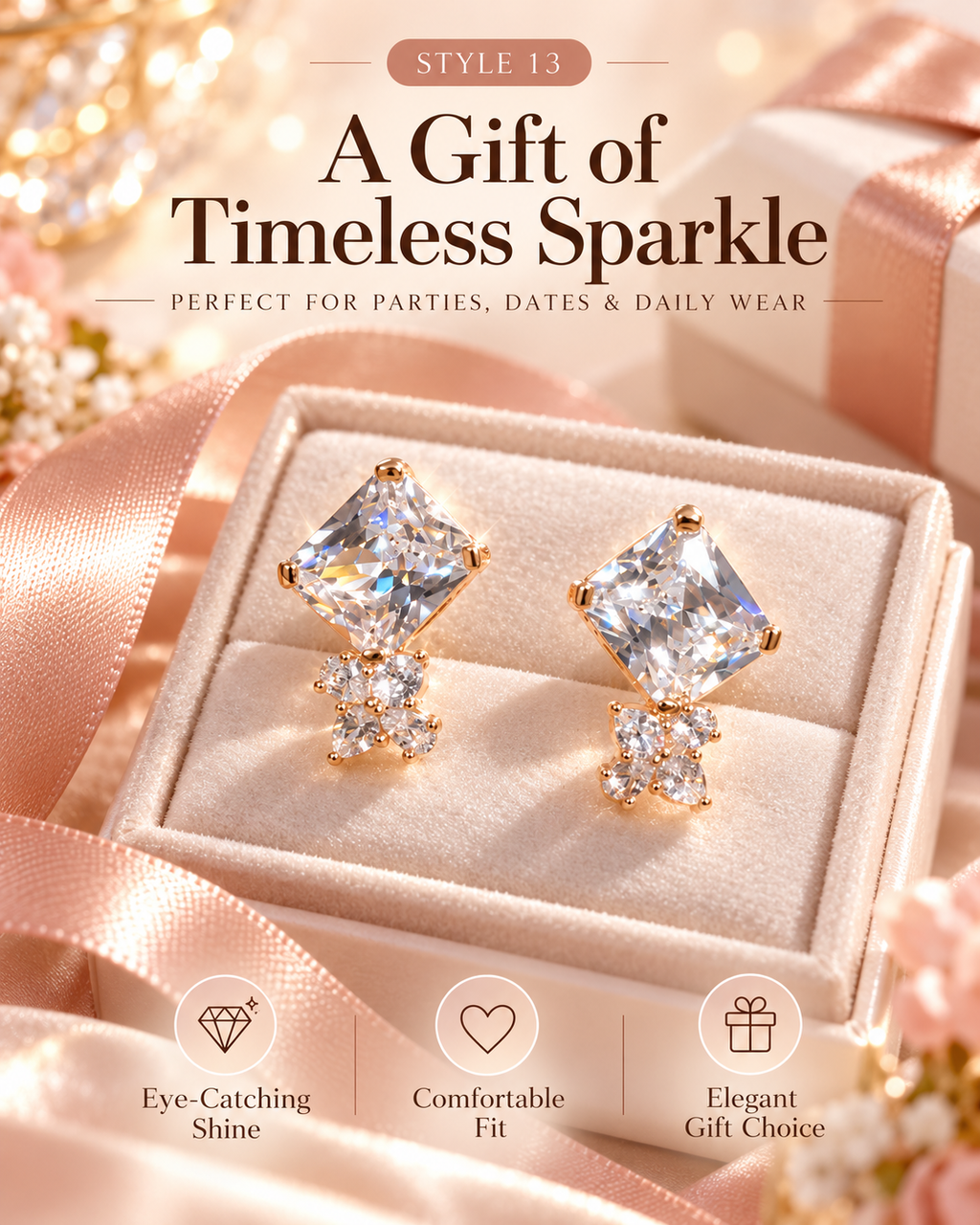 Style 13 – Elegant Rose Gold Tone Square Stud Earrings