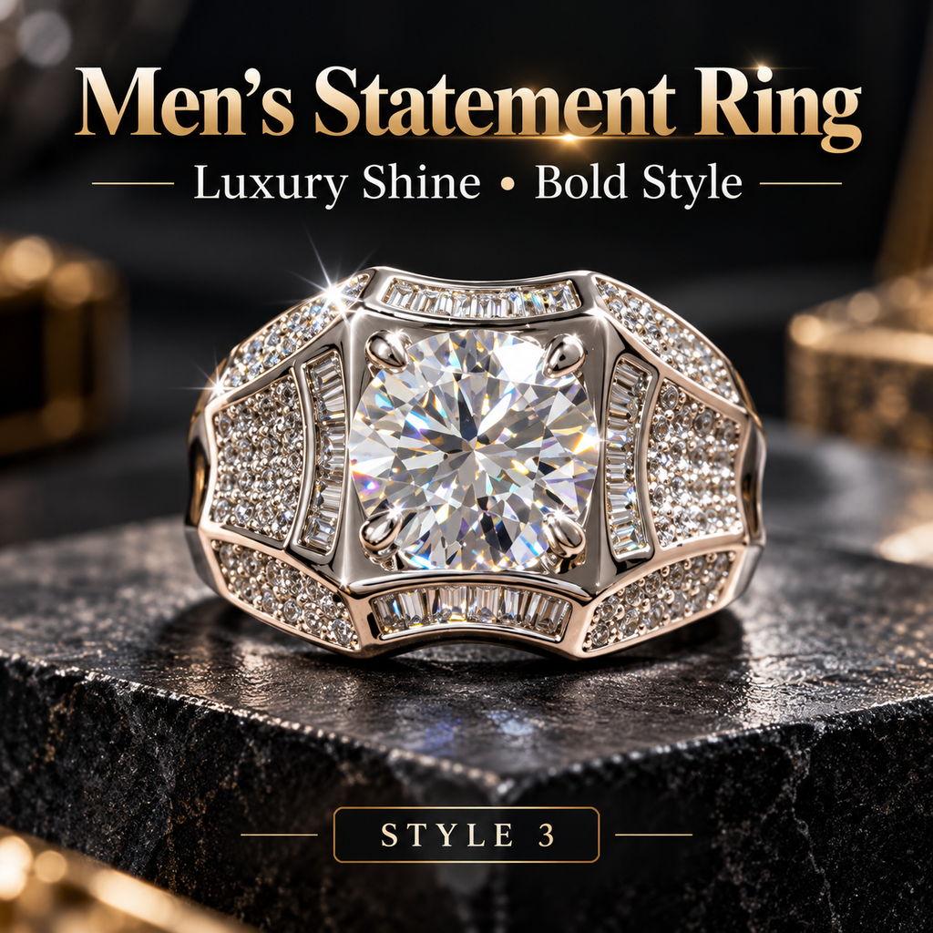 Men's Bold Geometric Crystal Statement Ring