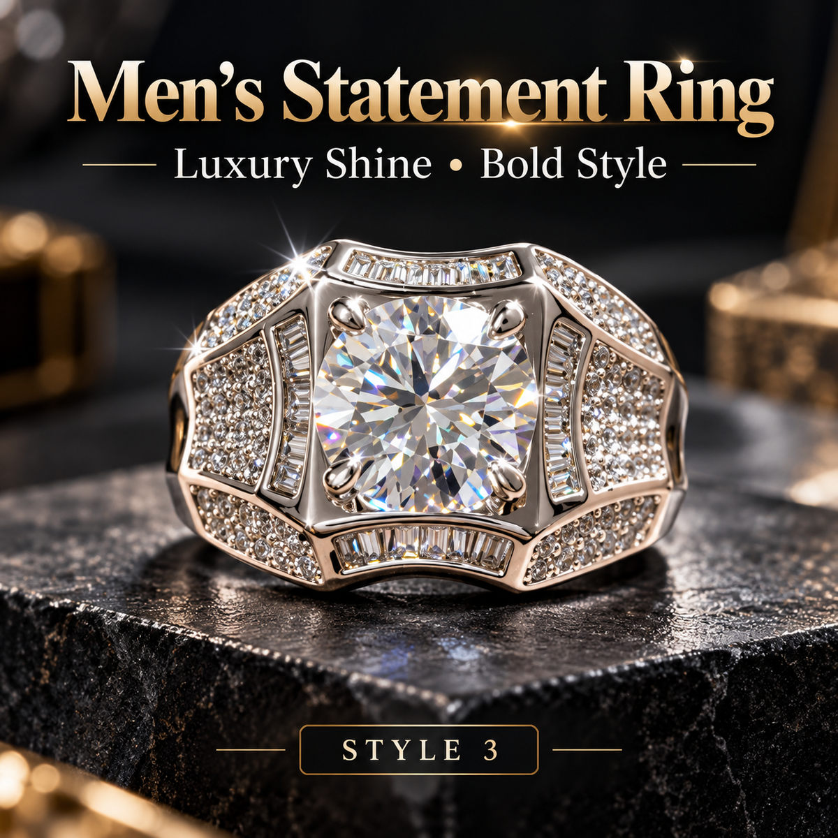 Men's Bold Geometric Crystal Statement Ring