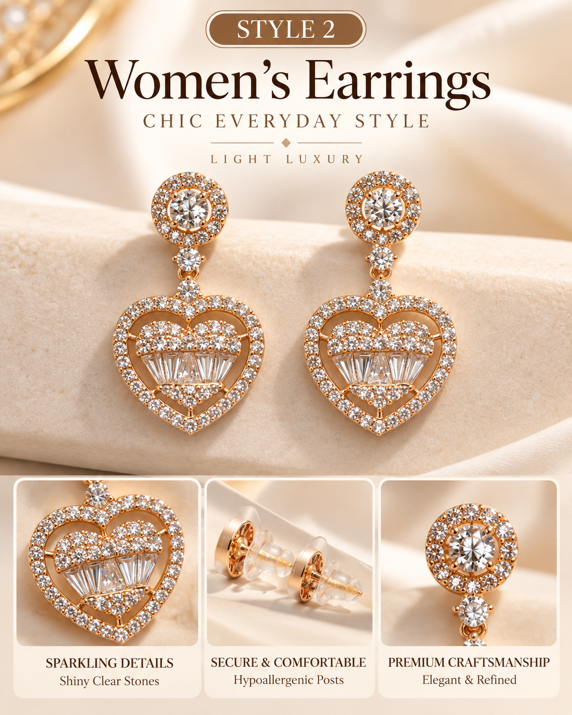 Style 2 – Elegant Rose Gold Heart Drop Earrings