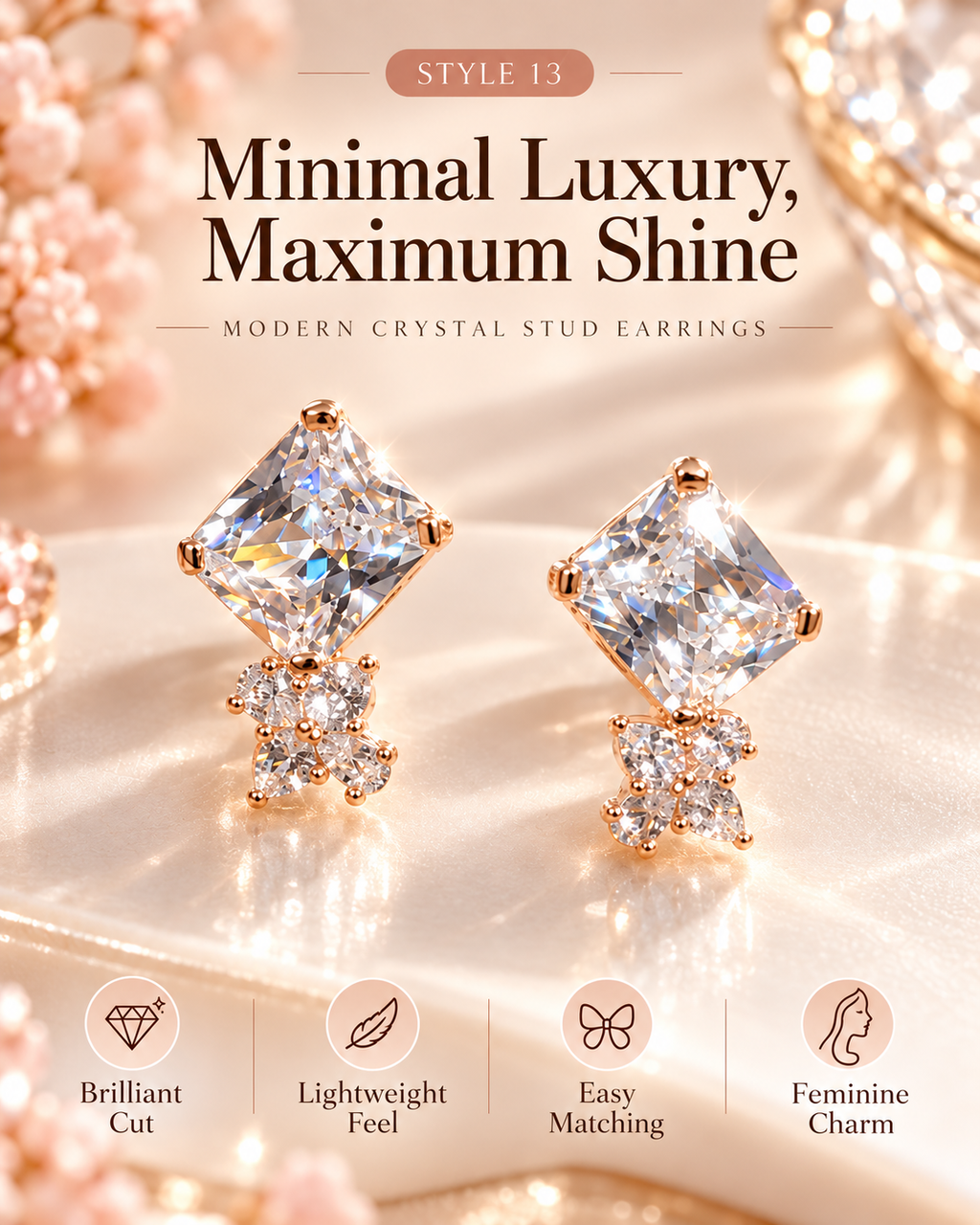 Style 13 – Elegant Rose Gold Tone Square Stud Earrings