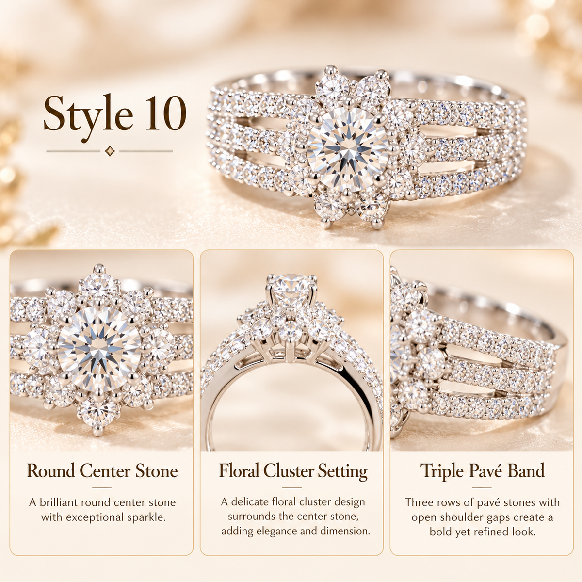 ✨ Style 10 – Women's Elegant Silver-Tone Round Crystal Flower Ring 💍 Sparkling Floral Cluster Halo Ring 💎 Triple Row Pavé Band Statement Jewelry 💖 Luxury Fashion Ring 🎁 Perfect Gift for Her