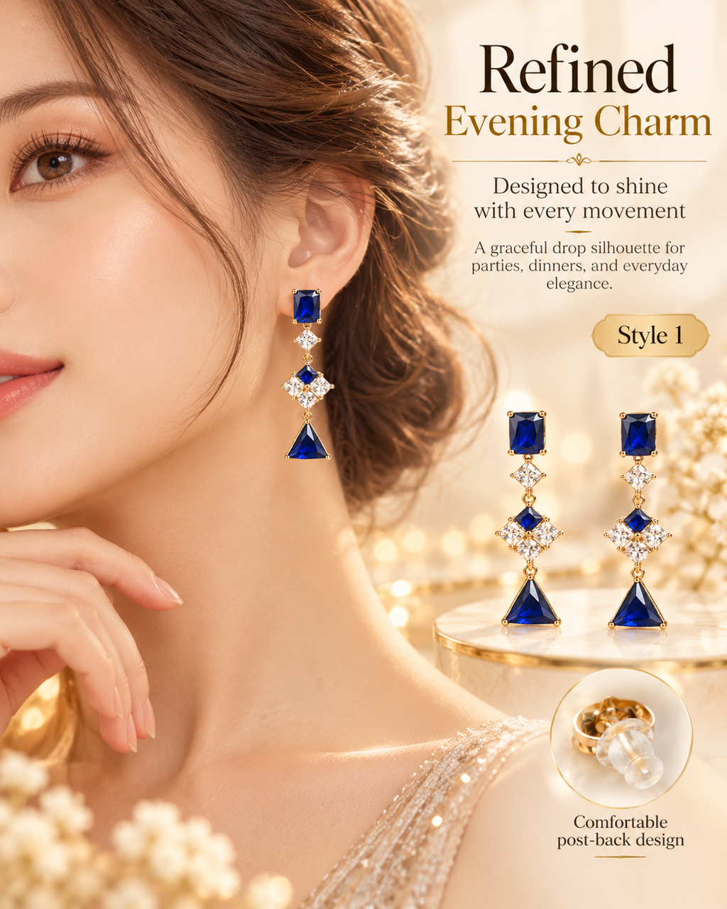 Style 1 Elegant Royal Blue Geometric Drop Earrings  Sparkling Simulated Gemstones – Women's Fashion Jewelry