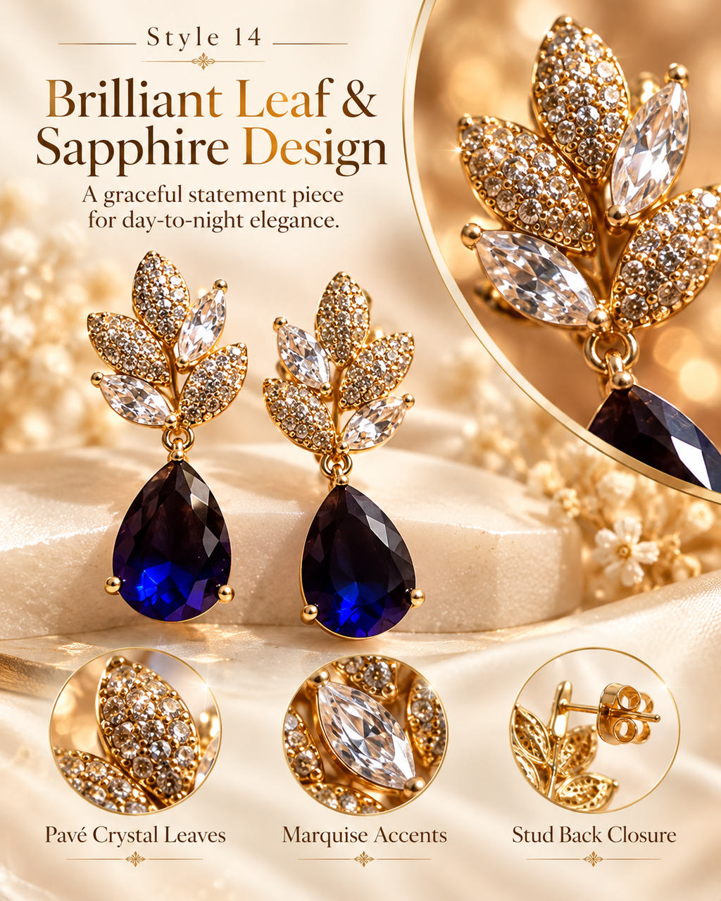 Style 14 – Elegant Royal Blue Teardrop Leaf Earrings