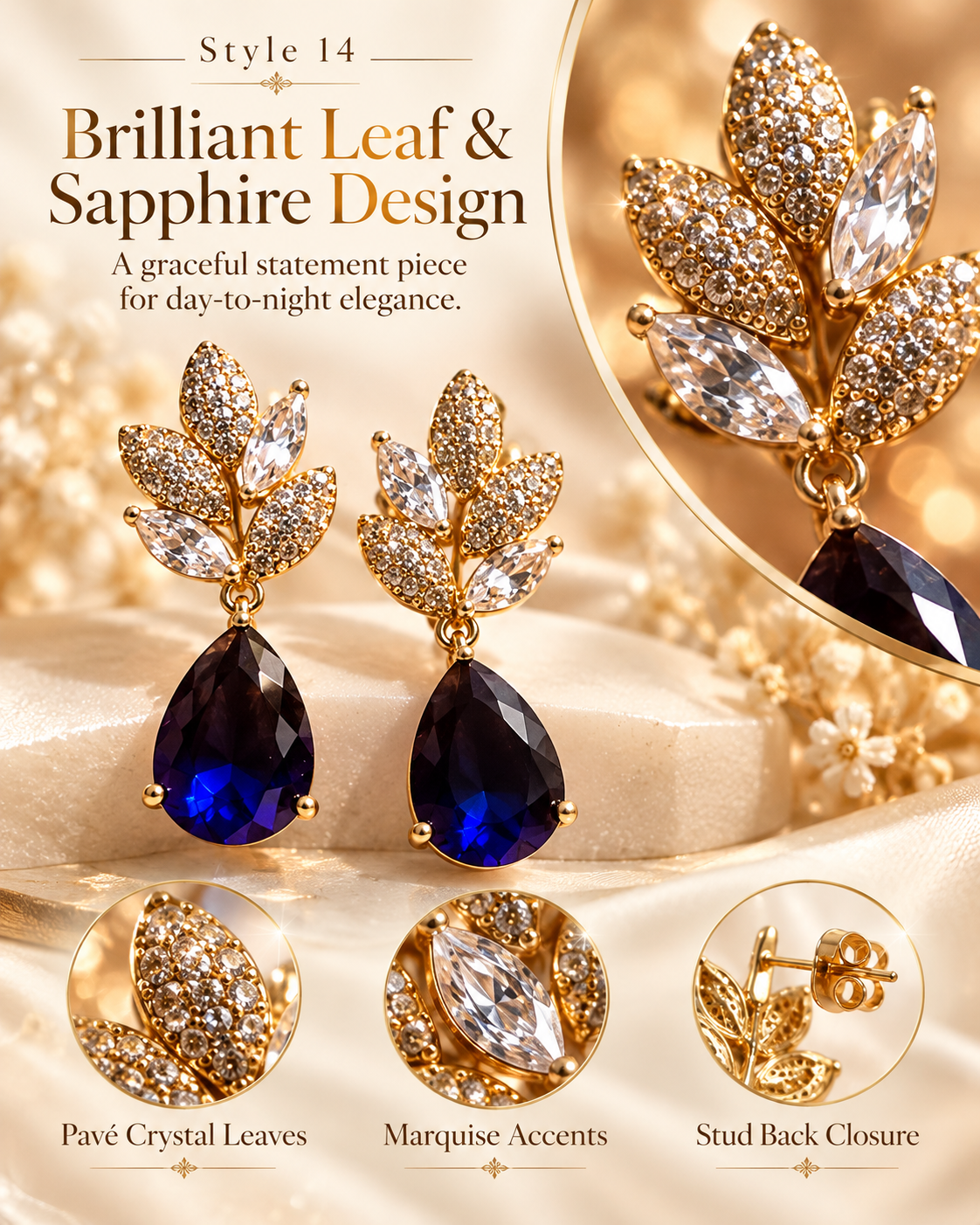 Style 14 – Elegant Royal Blue Teardrop Leaf Earrings