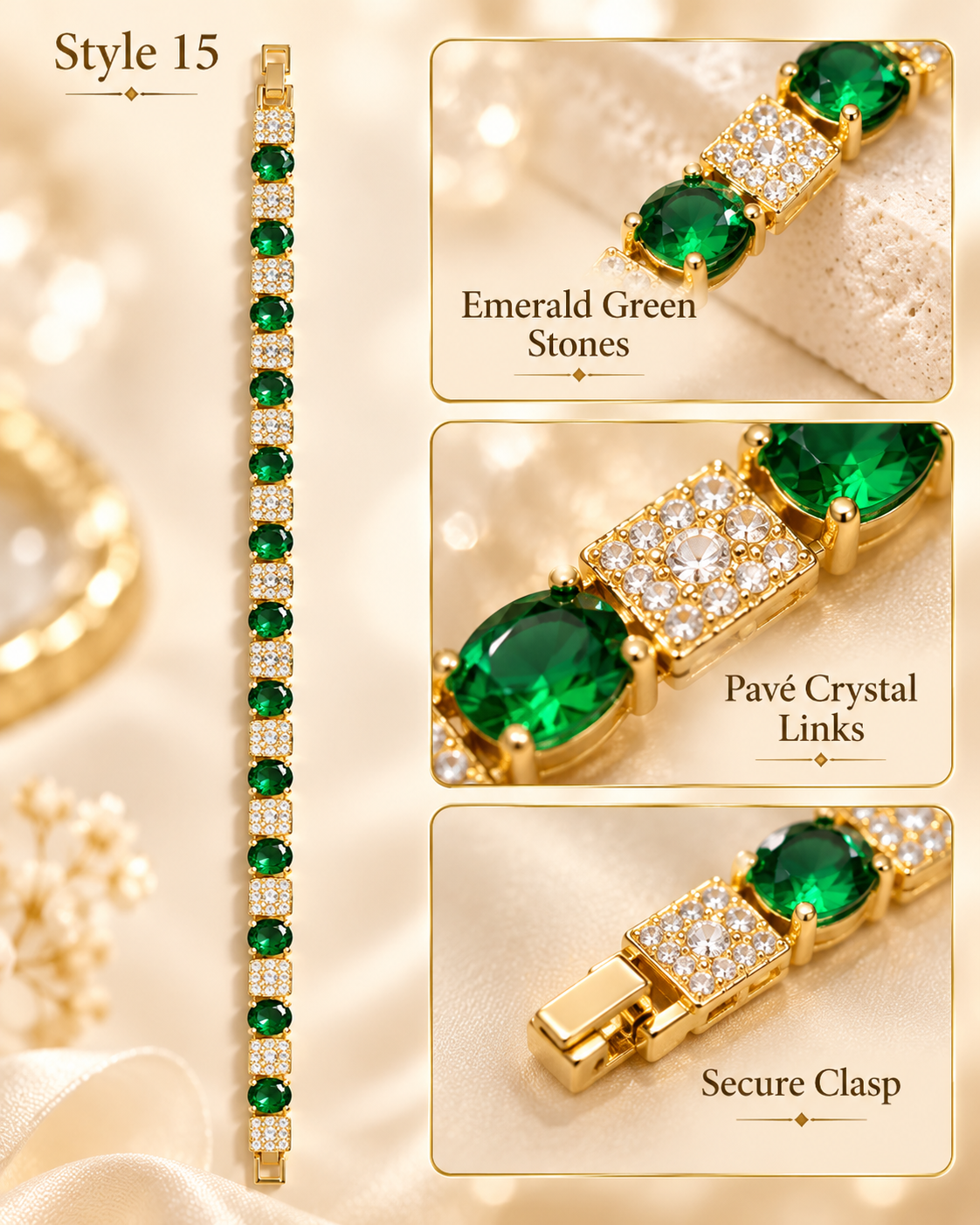 ✨ Style 15 – Women's Elegant Gold-Tone Emerald Green Crystal Bracelet 💚 Sparkling Oval Green Gemstone-Style Tennis Bracelet 💎 Luxury Fashion Jewelry 🎁 Perfect Gift for Her