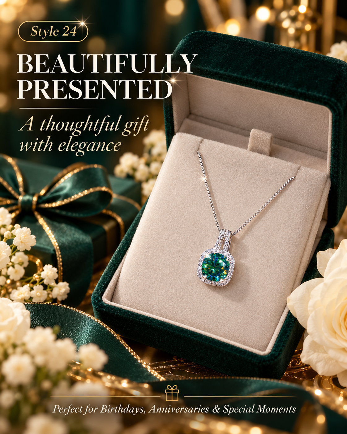 💚 Elegant Blue Green Cushion Halo Pendant Necklace – Style 24