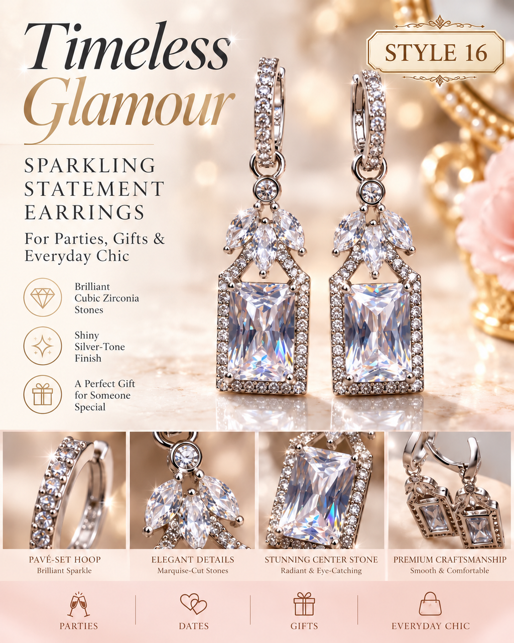 Style 16 – Elegant Silver Tone Geometric Drop Earrings