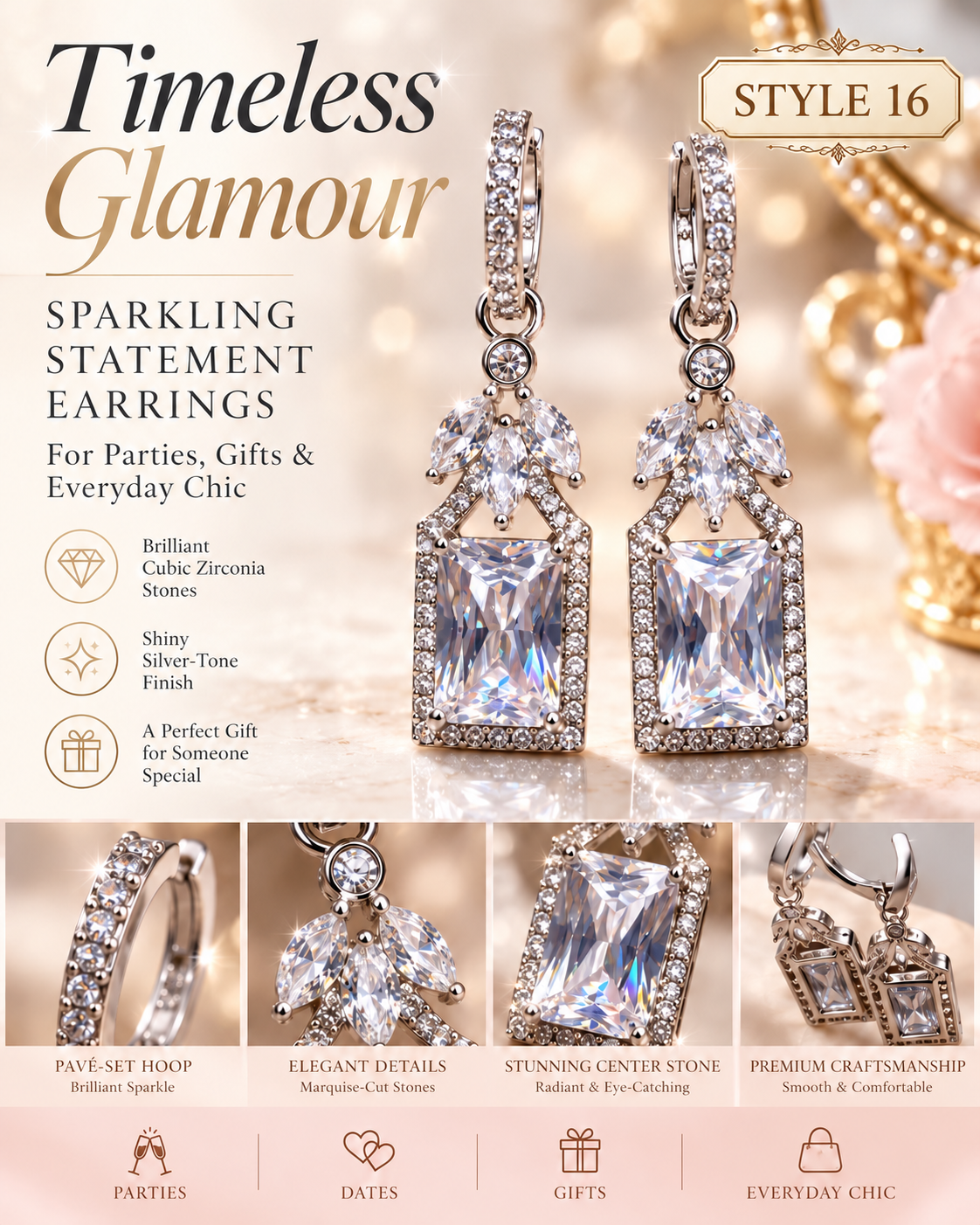 Style 16 – Elegant Silver Tone Geometric Drop Earrings