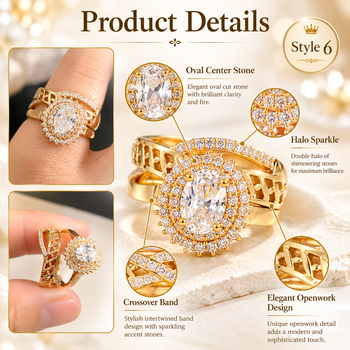 ✨ Style 6 – Women's Elegant Gold-Tone Oval Crystal Statement Ring 💍 Sparkling Rhinestone Halo Cocktail Ring 💖 Luxury Multi-Layer Geometric Fashion Jewelry 🎁 Perfect Gift for Her