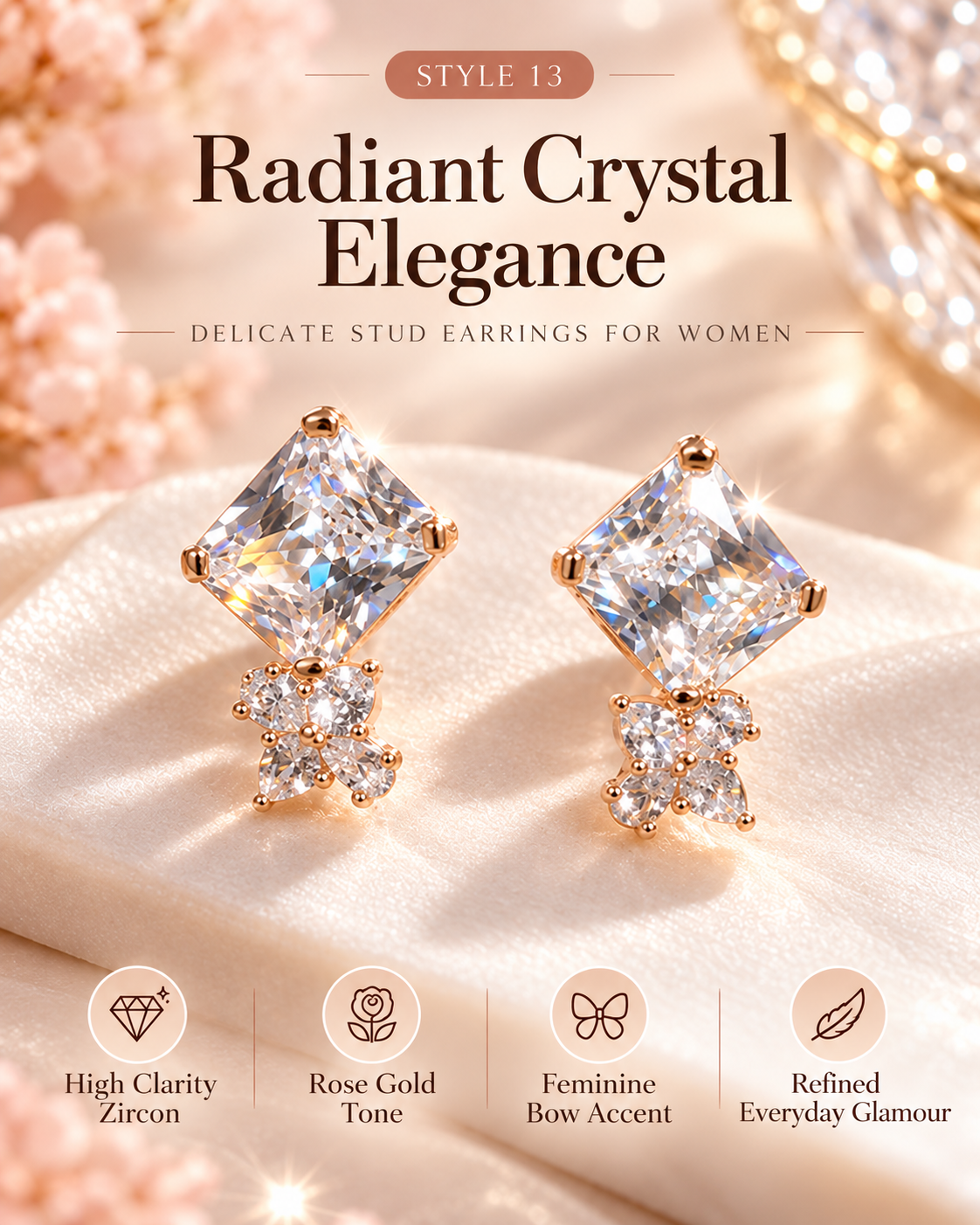 Style 13 – Elegant Rose Gold Tone Square Stud Earrings