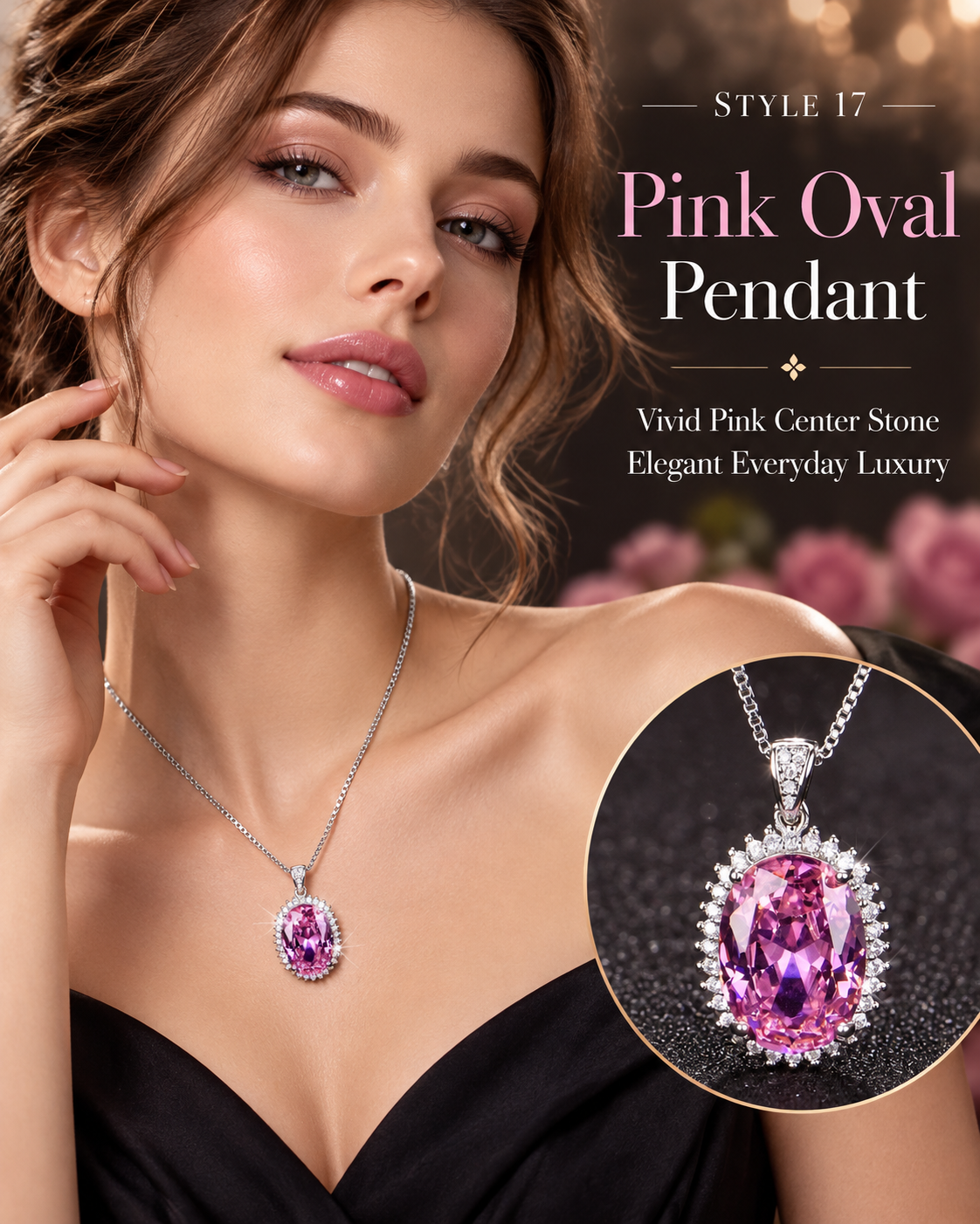💗 Elegant Pink Oval Halo Pendant Necklace – Style 17