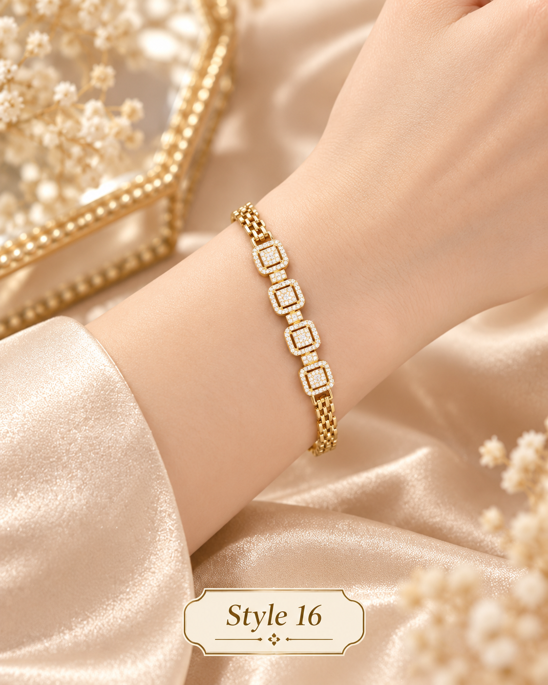 ✨ Style 16 – Women's Elegant Gold-Tone Geometric Crystal Bracelet 💎 Sparkling Square Rhinestone Link Bracelet 💖 Luxury Fashion Jewelry 🎁 Perfect Gift for Her