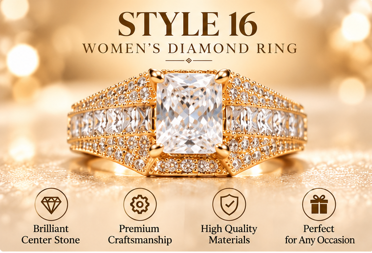 ✨ Style 16 – Women's Elegant Gold-Tone Rectangular Crystal Ring 💍 Sparkling Emerald-Cut Center Stone 💎 Channel-Set Baguette & Pavé Rhinestone Wide Band Statement Ring 💖 Luxury Fashion Jewelry 🎁 Perfect Gift for Her