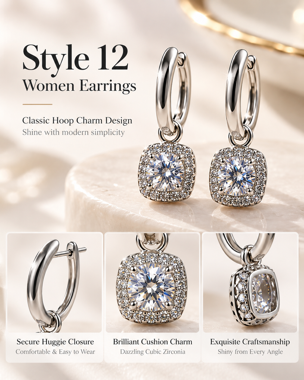 Style 12 – Elegant Silver Tone Sparkling Drop Hoop Earrings