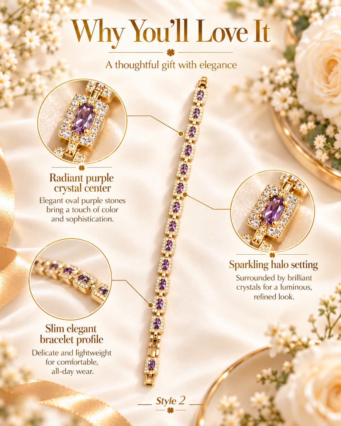 Gold-Tone Amethyst Halo Bracelet