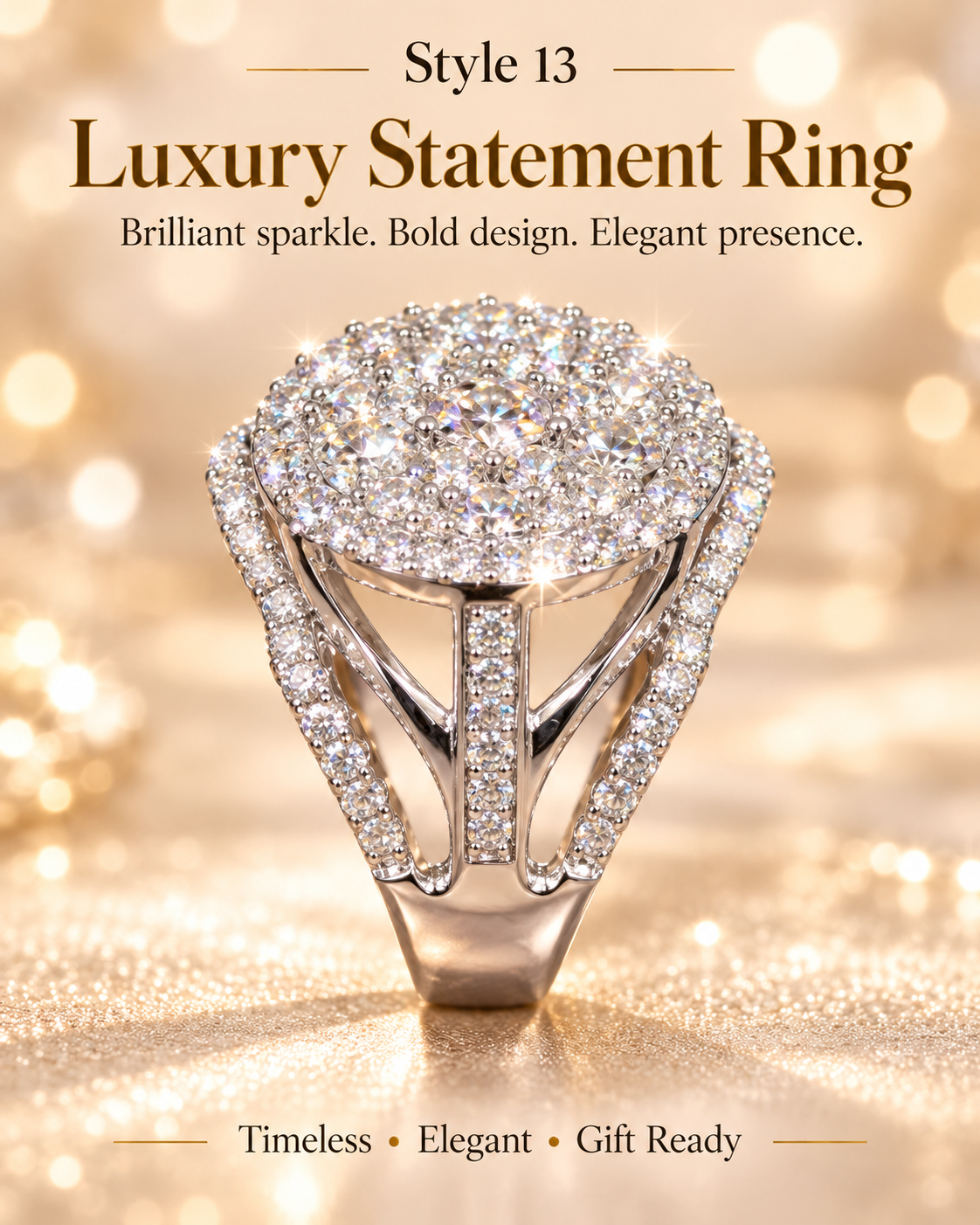 ✨ Style 13 – Women's Elegant Silver-Tone Round Crystal Cluster Ring 💍 Sparkling Pavé Halo Statement Ring 💎 Wide Split Shank Rhinestone Cocktail Ring 💖 Luxury Fashion Jewelry 🎁 Perfect Gift for Her