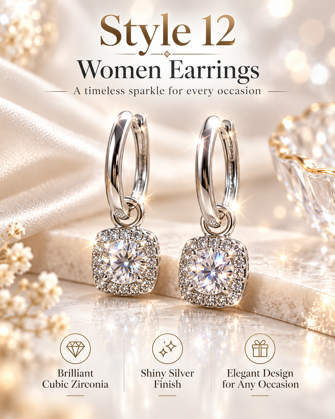 Style 12 – Elegant Silver Tone Sparkling Drop Hoop Earrings