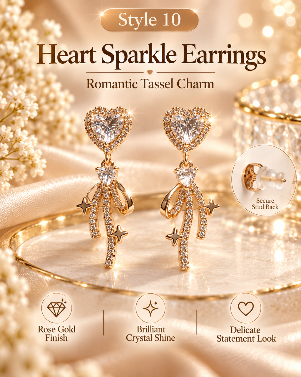 Style 10 – Elegant Gold Tone Heart Tassel Drop Earrings