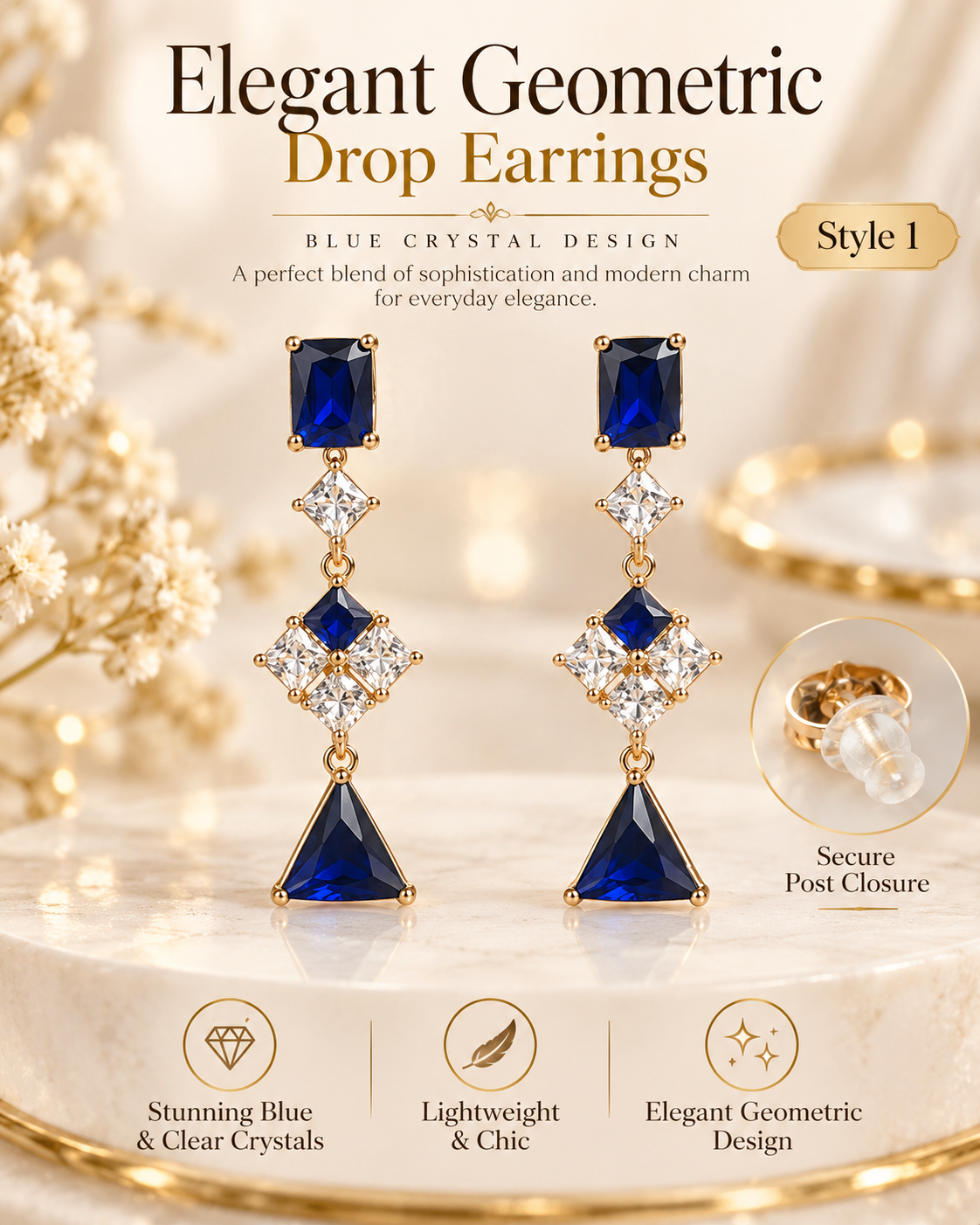 Style 1 Elegant Royal Blue Geometric Drop Earrings  Sparkling Simulated Gemstones – Women's Fashion Jewelry