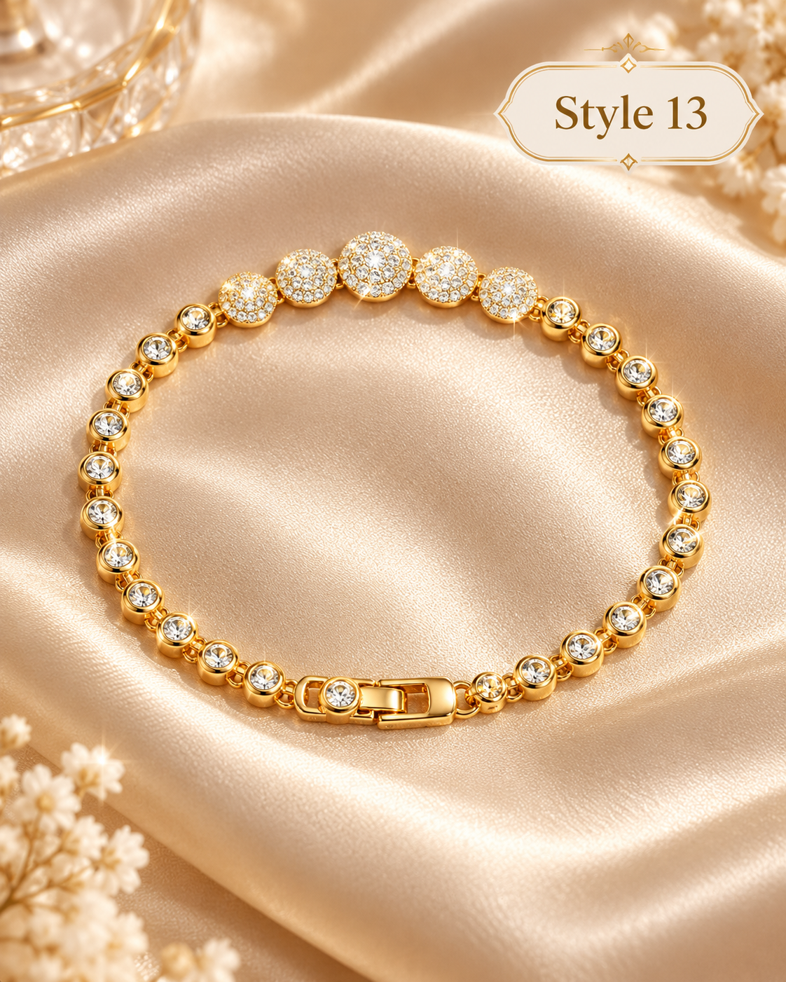 ✨ Style 13 – Women's Elegant Gold-Tone Crystal Bezel Tennis Bracelet 💎 Sparkling CZ Pavé Cluster Bracelet 💖 Luxury Fashion Jewelry 🎁 Perfect Gift for Her