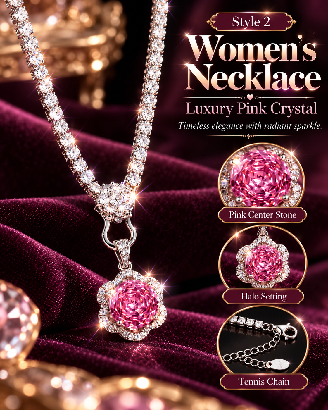 Women's Pink Crystal Pendant Necklace – Style 2