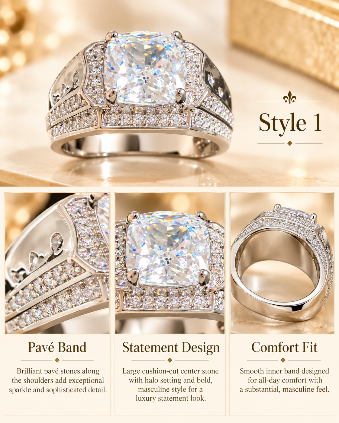 Men's Bold Cushion-Cut Pavé Statement Ring (Sizes 10–11)