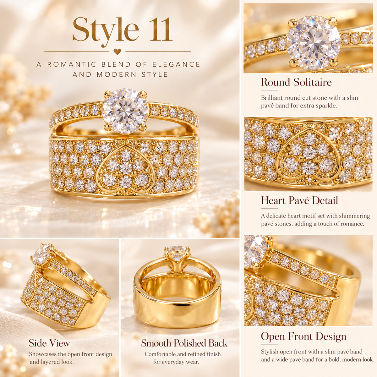 ✨ Style 11 – Women's Elegant Gold-Tone Round Crystal Ring 💍 Sparkling Heart Design Wide Band Ring 💎 Double-Layer Pavé Rhinestone Statement Jewelry 💖 Luxury Fashion Ring 🎁 Perfect Gift for Her