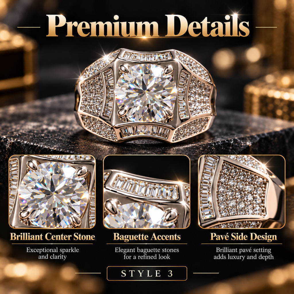 Men's Bold Geometric Crystal Statement Ring