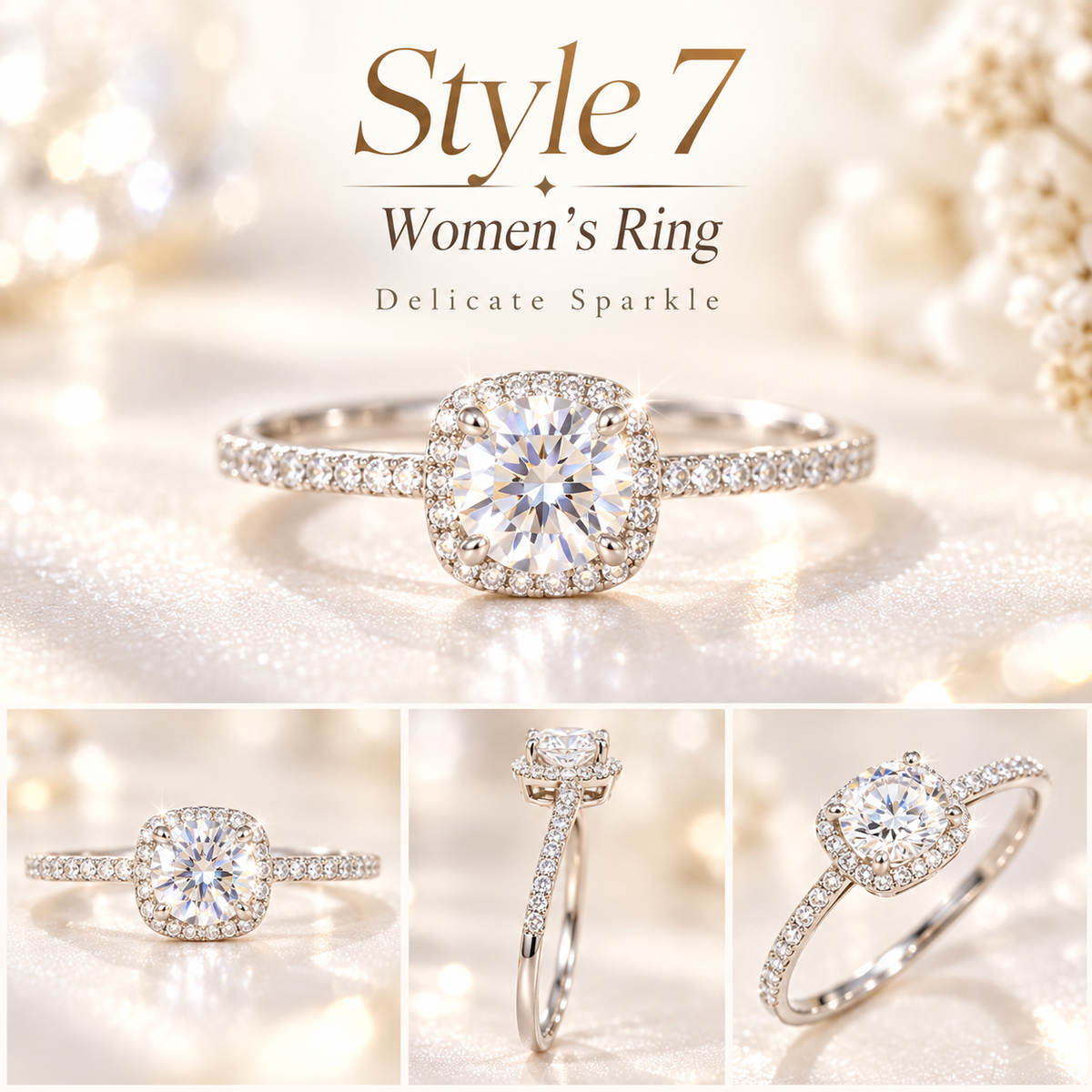 ✨ Style 7 – Women's Elegant Silver-Tone Round Crystal Halo Ring 💍 Sparkling Pavé Band Engagement-Style Ring 💎 Dainty Solitaire Statement Jewelry 💖 Perfect Gift for Her 🎁