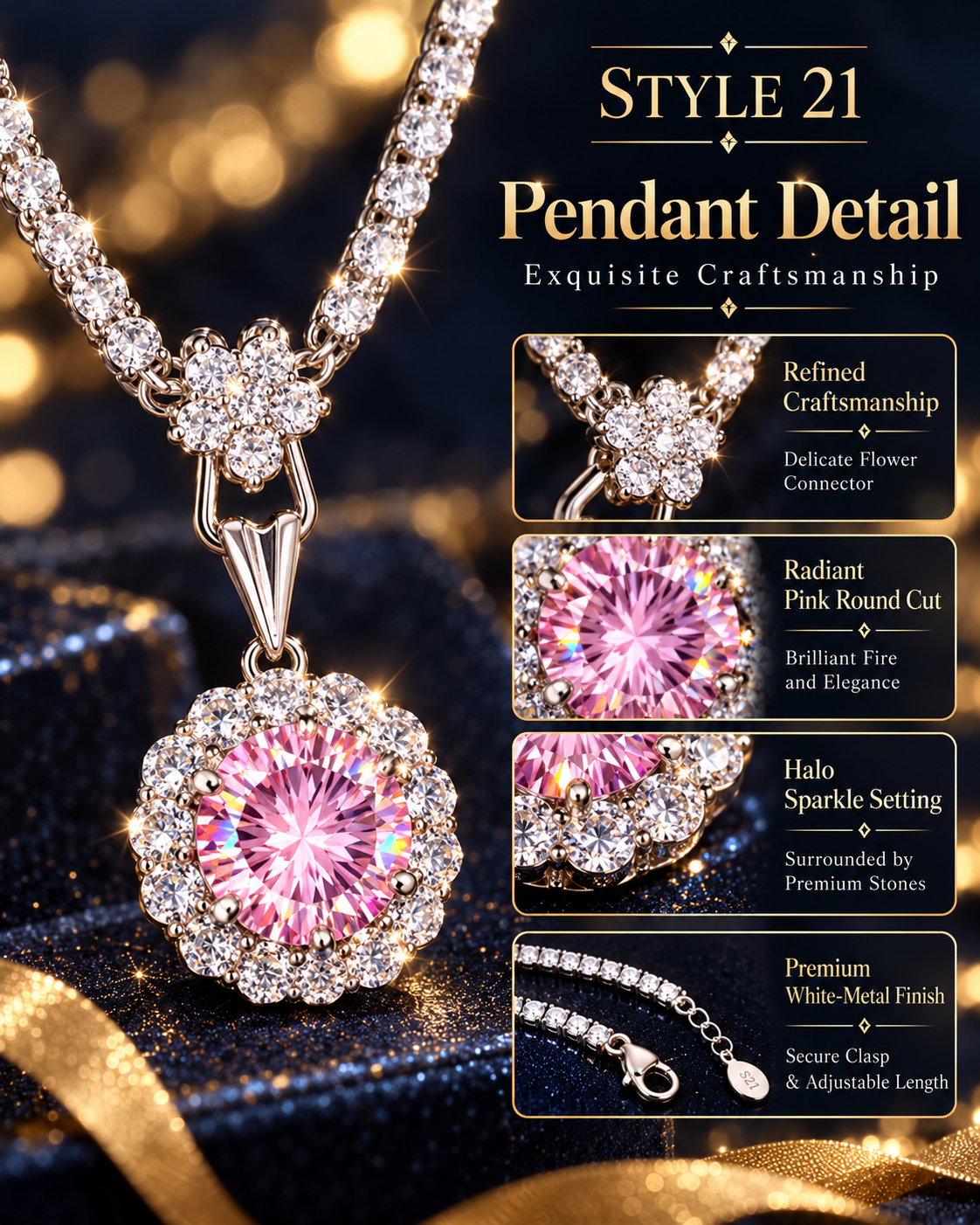 💗 Elegant Pink Floral Halo Pendant Necklace – Style 21