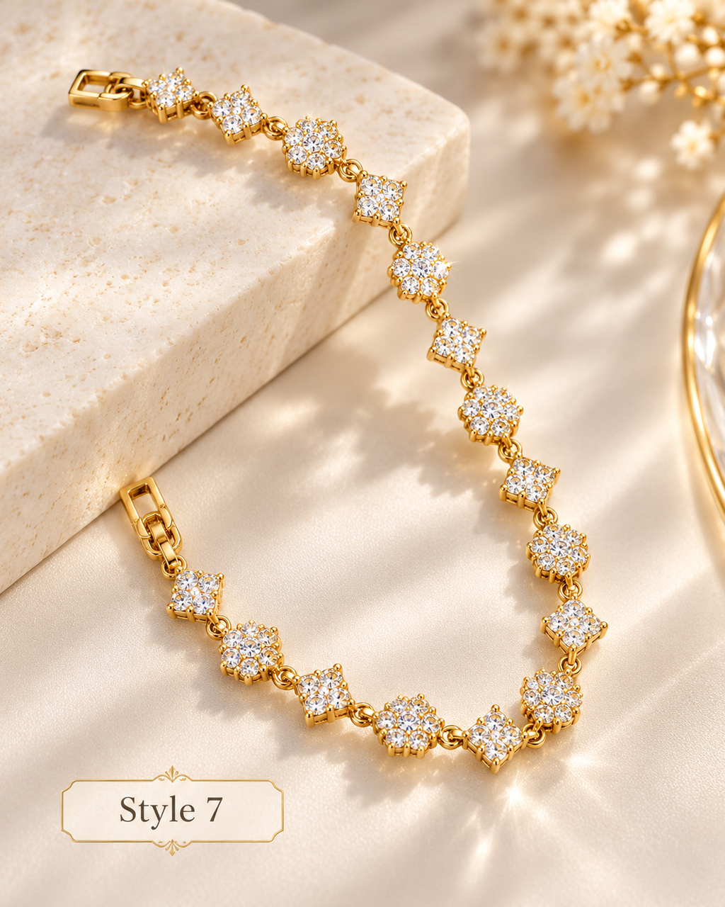 Style 7 – Elegant Gold Tone Flower & Geometric Link Bracelet