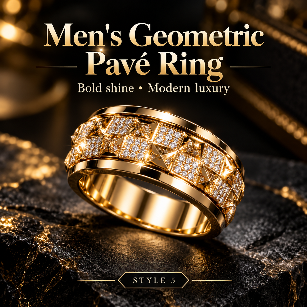 Men's Gold Tone Geometric Crystal Ring
