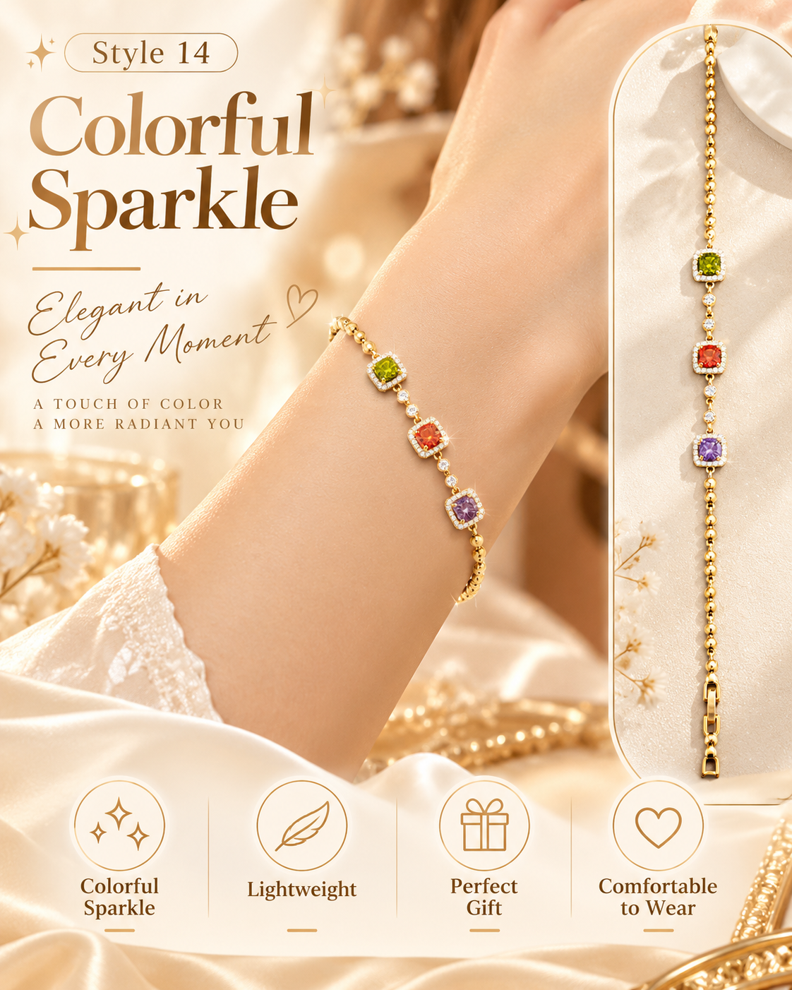 ✨ Style 14 – Women's Elegant Gold-Tone Multicolor Crystal Bracelet 🌈 Sparkling Green, Orange & Purple Gemstone-Style Bracelet 💖 Dainty Beaded Chain Jewelry 🎁 Perfect Gift for Her