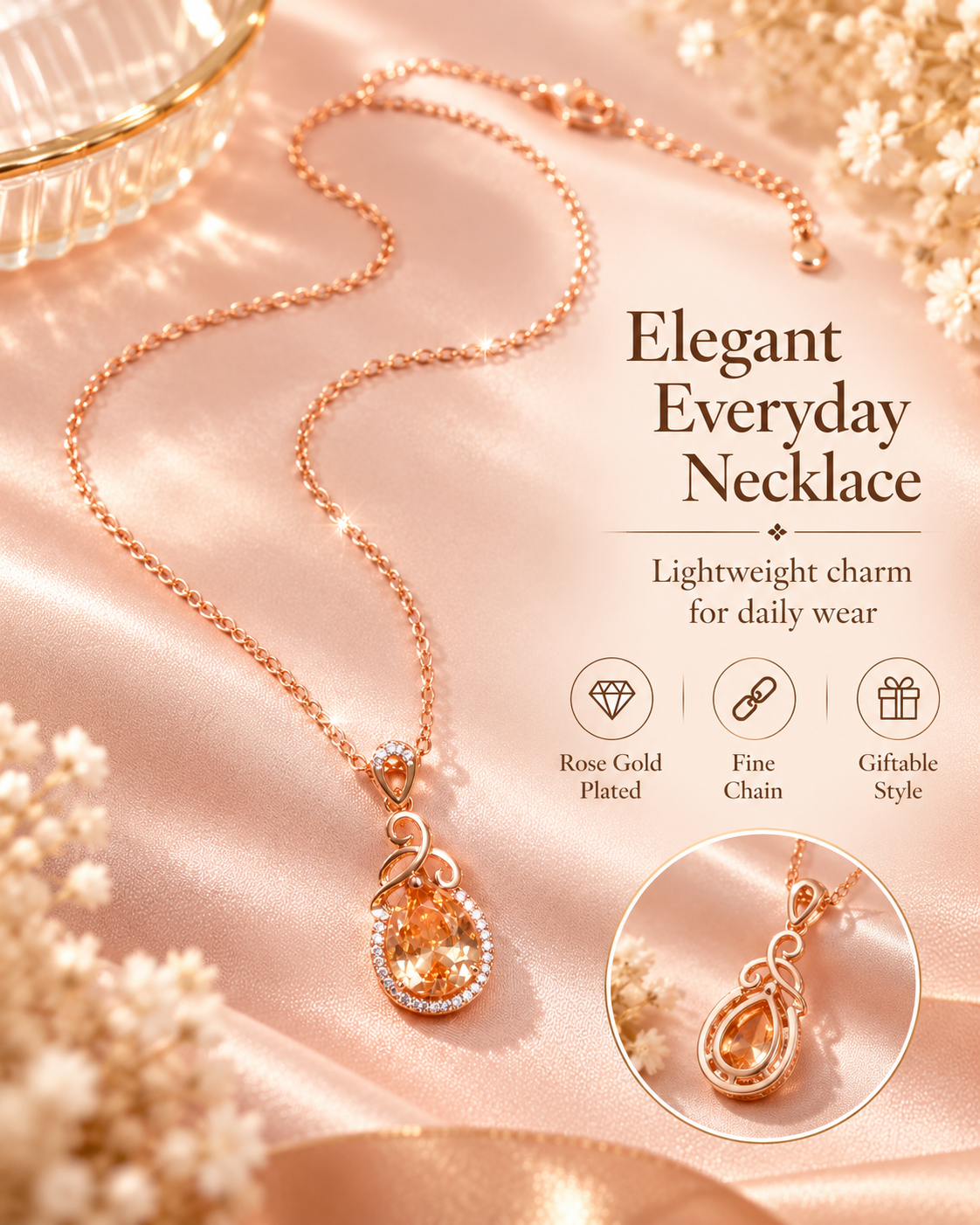 Style 31 – Elegant Rose Gold Tone Champagne Teardrop Pendant Necklace
