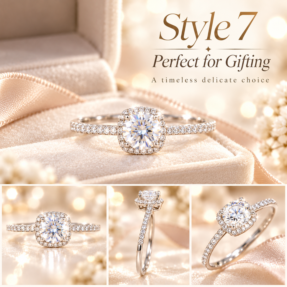 ✨ Style 7 – Women's Elegant Silver-Tone Round Crystal Halo Ring 💍 Sparkling Pavé Band Engagement-Style Ring 💎 Dainty Solitaire Statement Jewelry 💖 Perfect Gift for Her 🎁