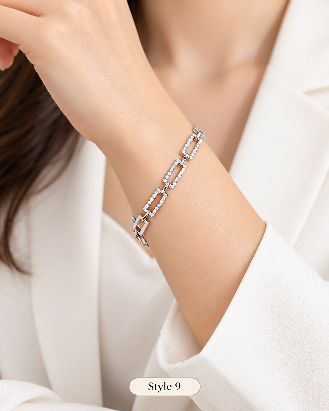 ✨ Style 9 – Women's Elegant Silver-Tone Crystal Rectangle Link Bracelet ✨ Sparkling Rhinestone Geometric Chain Bracelet 💖 Fashion Jewelry 🎁 Gift for Her