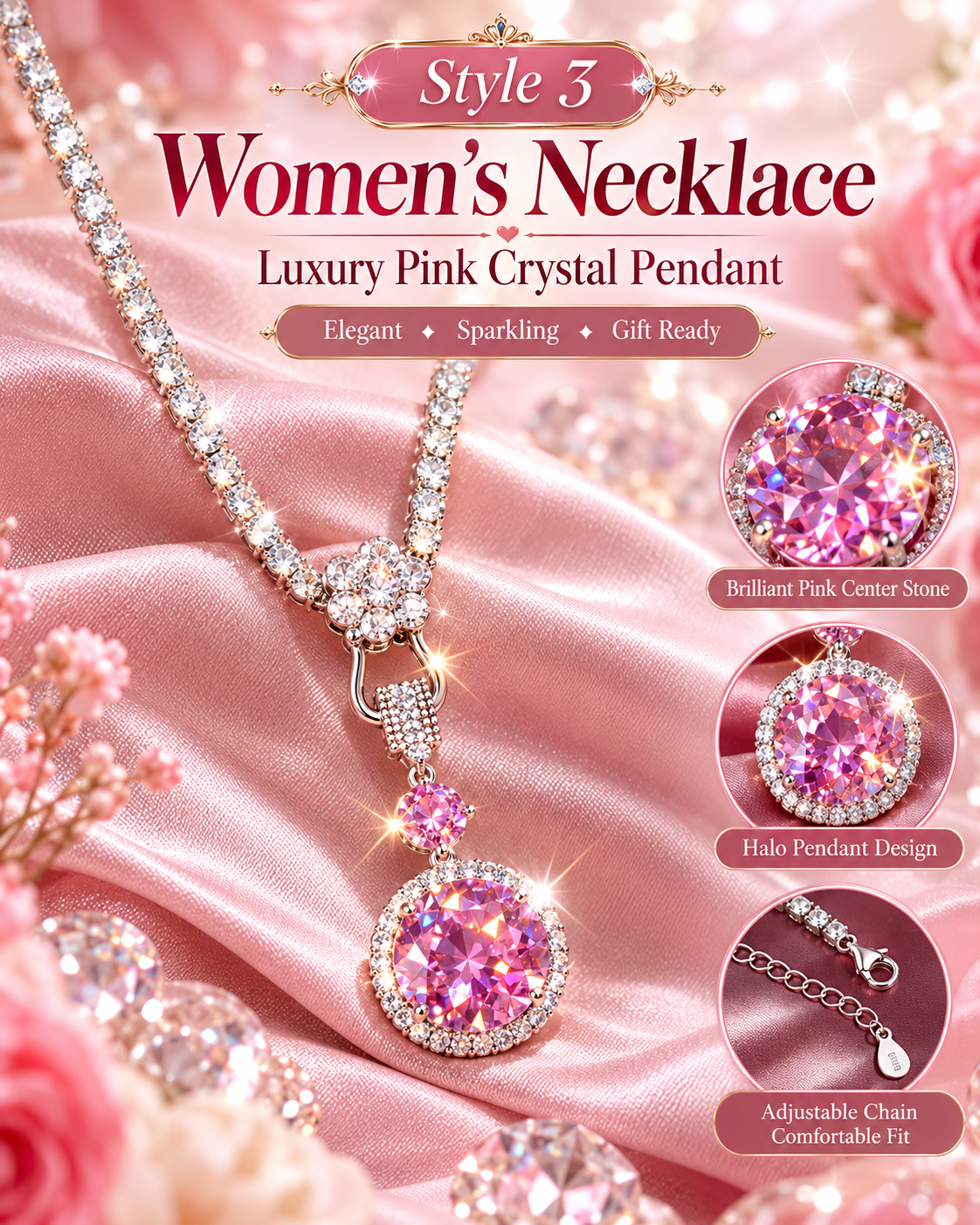 Pink Crystal Pendant Necklace for Women – Elegant Sparkly Fashion Jewelry | Style 3·
