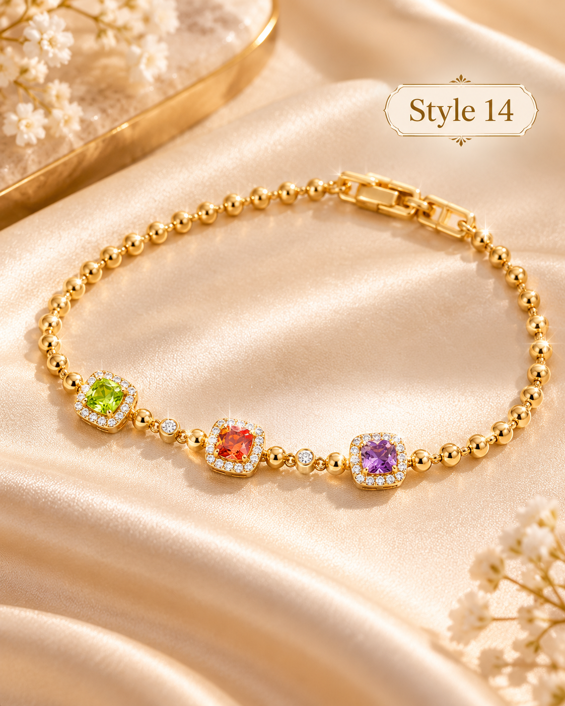 ✨ Style 14 – Women's Elegant Gold-Tone Multicolor Crystal Bracelet 🌈 Sparkling Green, Orange & Purple Gemstone-Style Bracelet 💖 Dainty Beaded Chain Jewelry 🎁 Perfect Gift for Her