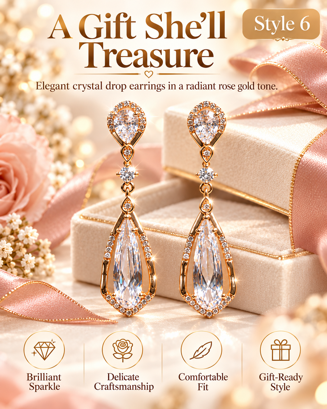 Style 6 – Elegant Gold Tone Crystal Teardrop Earrings