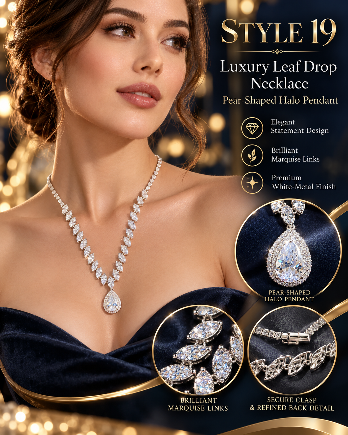 💎 Elegant Sparkling Leaf & Teardrop Pendant Necklace – Style 19