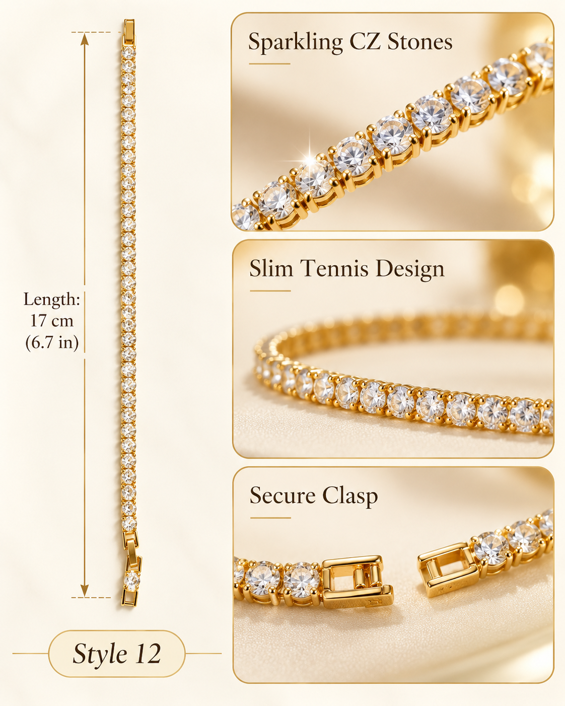 ✨ Style 12 – Women's Elegant Gold-Tone Cubic Zirconia Tennis Bracelet 💎 Sparkling Crystal Slim Chain Bracelet 💖 Classic Luxury Fashion Jewelry 🎁 Perfect Gift for Her