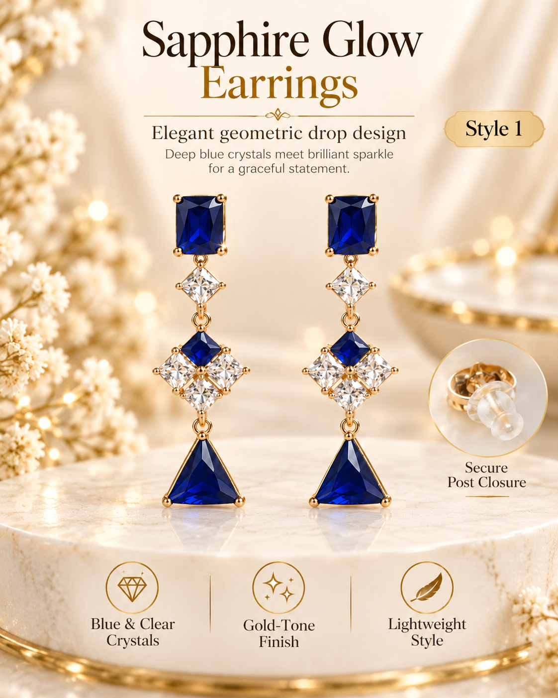 Style 1 Elegant Royal Blue Geometric Drop Earrings  Sparkling Simulated Gemstones – Women's Fashion Jewelry