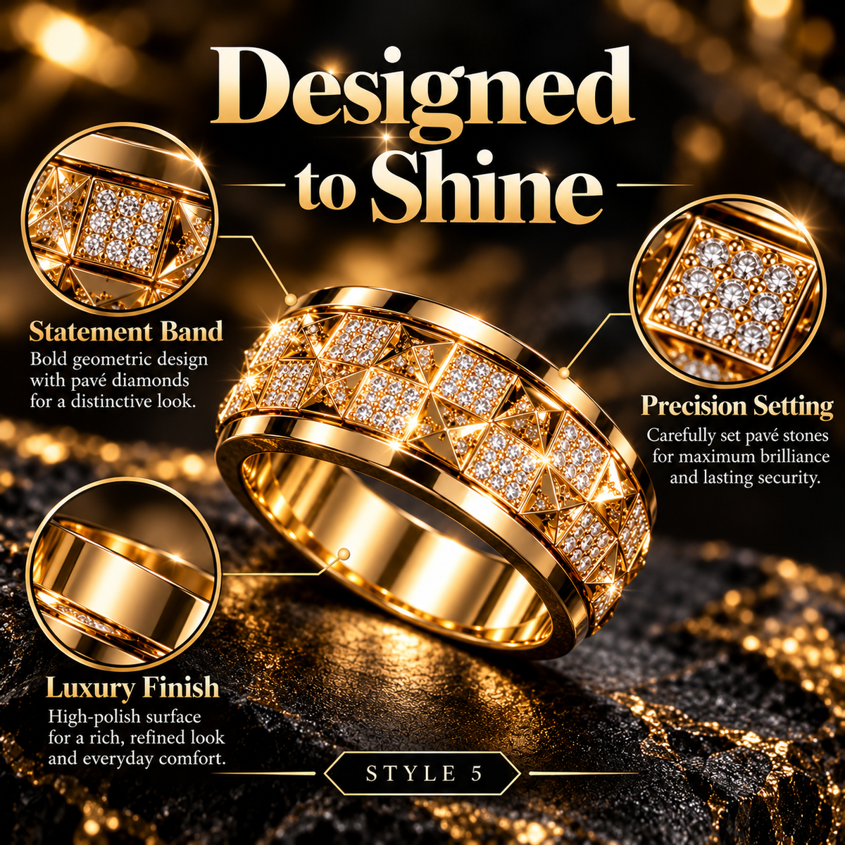 Men's Gold Tone Geometric Crystal Ring