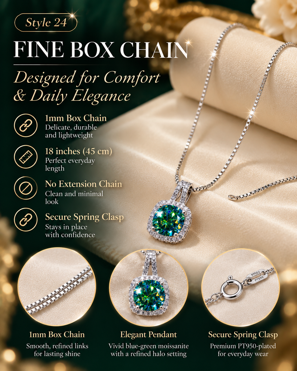 💚 Elegant Blue Green Cushion Halo Pendant Necklace – Style 24