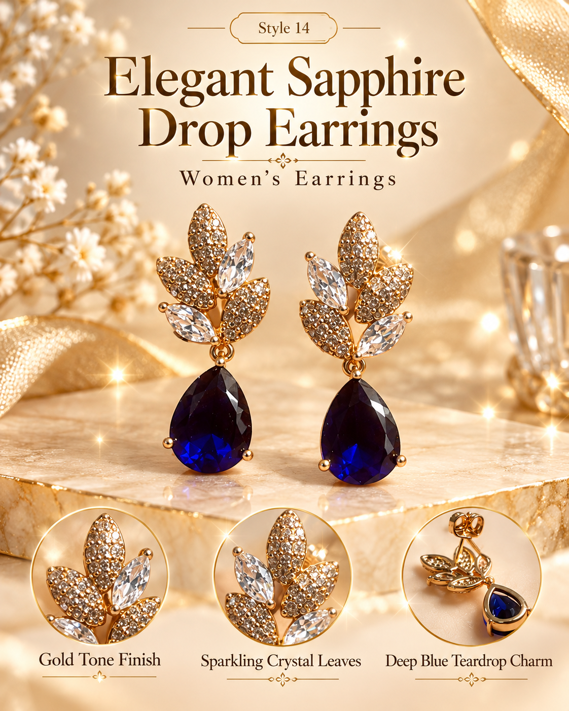 Style 14 – Elegant Royal Blue Teardrop Leaf Earrings